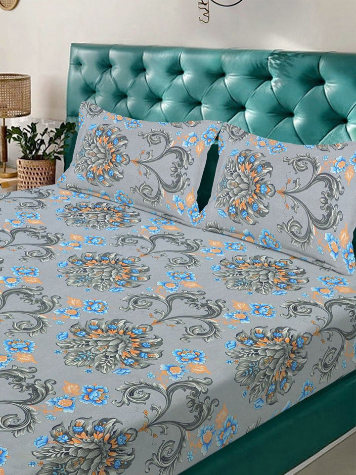 Aura Grey & Orange Floral Printed Fitted 300 TC King Bedsheet Set 2.50 m x 2.25 m