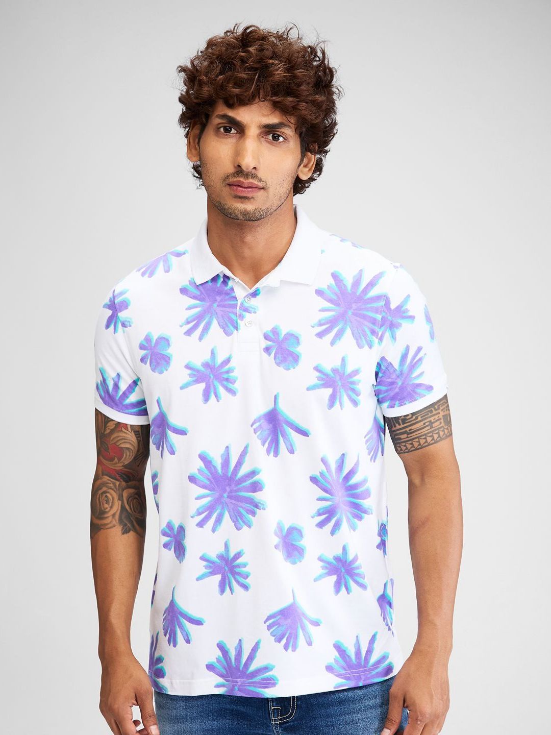SPYKAR Men Floral Printed Polo Collar Tropical Slim Fit T-shirt