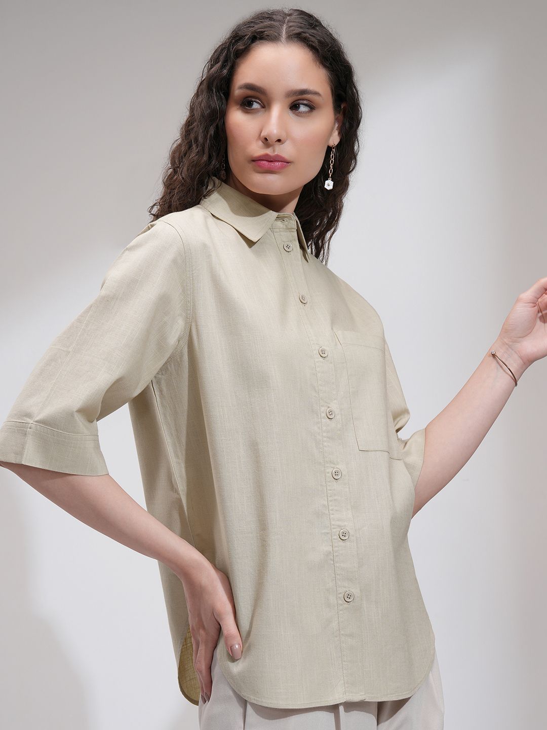 Tokyo Talkies Women Solid Button Down Longline Cotton Shirt