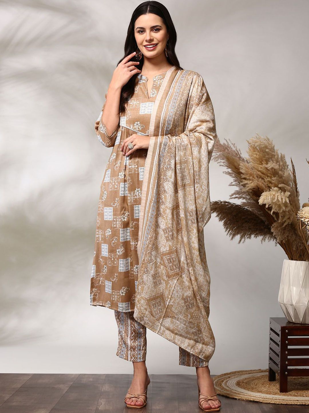 Anouk Floral Printed Regular Straight Kurta with Trousers & Dupatta