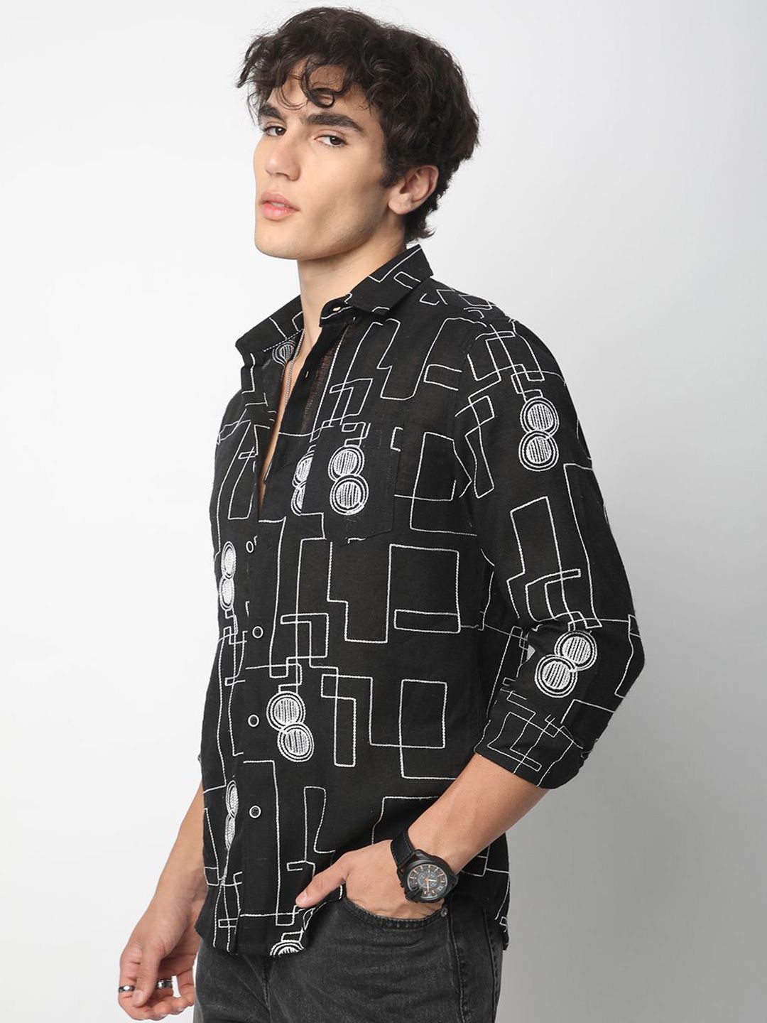 VASTRADO Men Classic Spread Collar Textured Cotton Slim Fit Casual Shirt