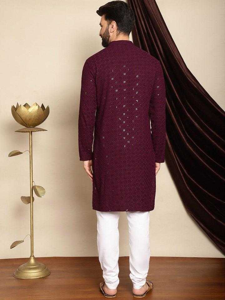Anouk Burgundy Mandarin Collar Sequinned Pure Cotton Straight Kurta with Pyjamas