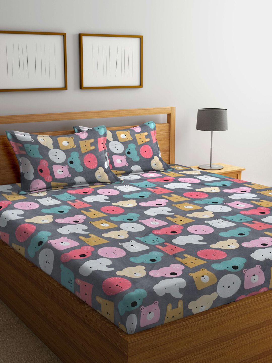 KLOTTHE Grey Cartoon Printed Flat 300 TC King Bedsheet with 2 Pillow Covers-250X225 cm