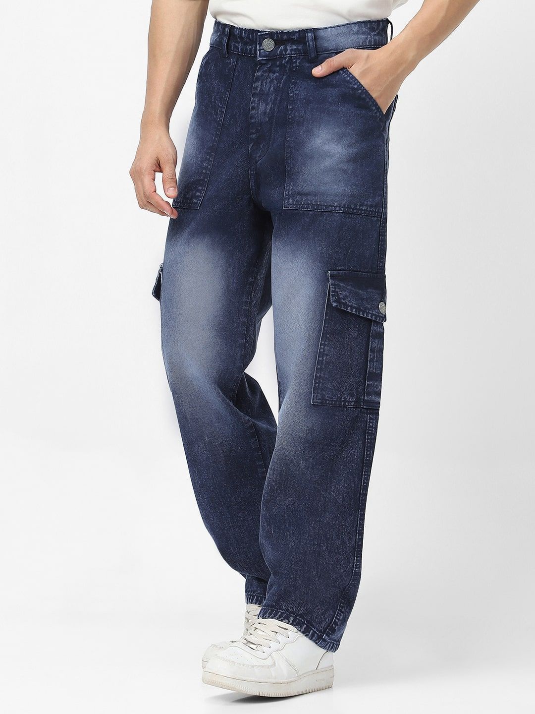 Urbano Fashion Men Navy Loose Fit Cargo Jeans With 6 Pockets Non-Stretchable