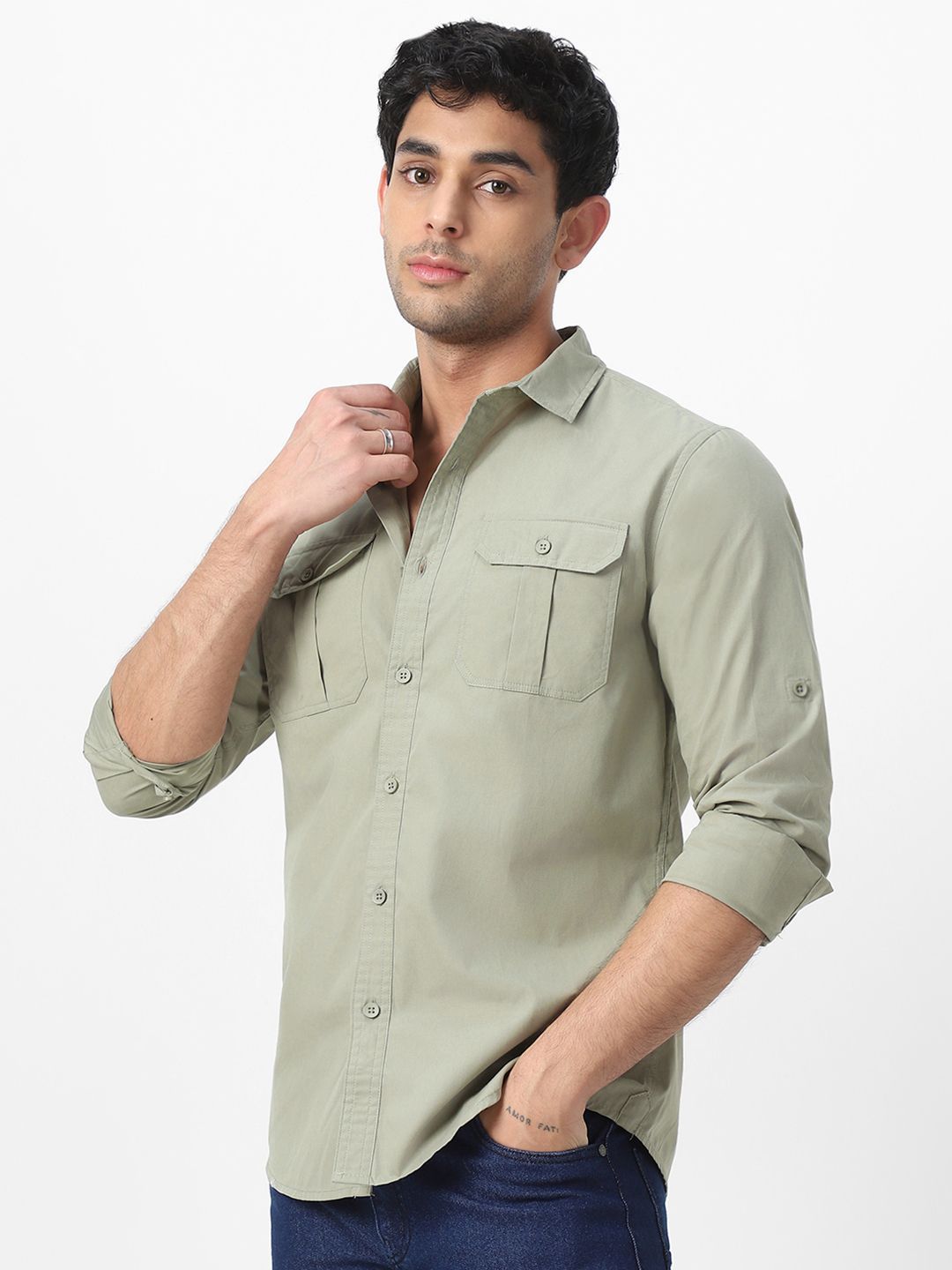 Urbano Fashion Men Spread Collar Solid Cotton Casual Shirt