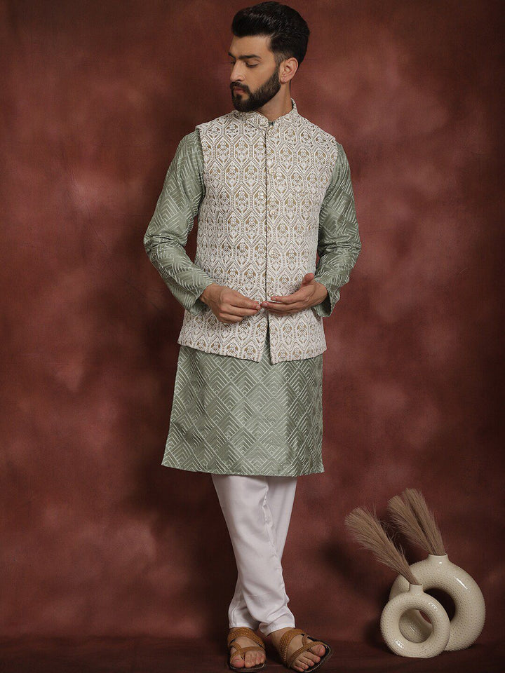 Anouk Ethnic Motifs Embroidered Regular Thread Work Kurta with Churidar & Nehru Jacket