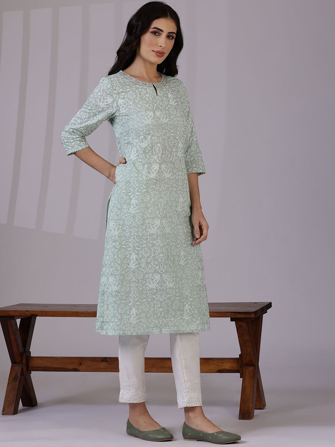 W Green Floral Printed Keyhole Neck Three-Quarter Sleeves Regular Pure Cotton Kurta