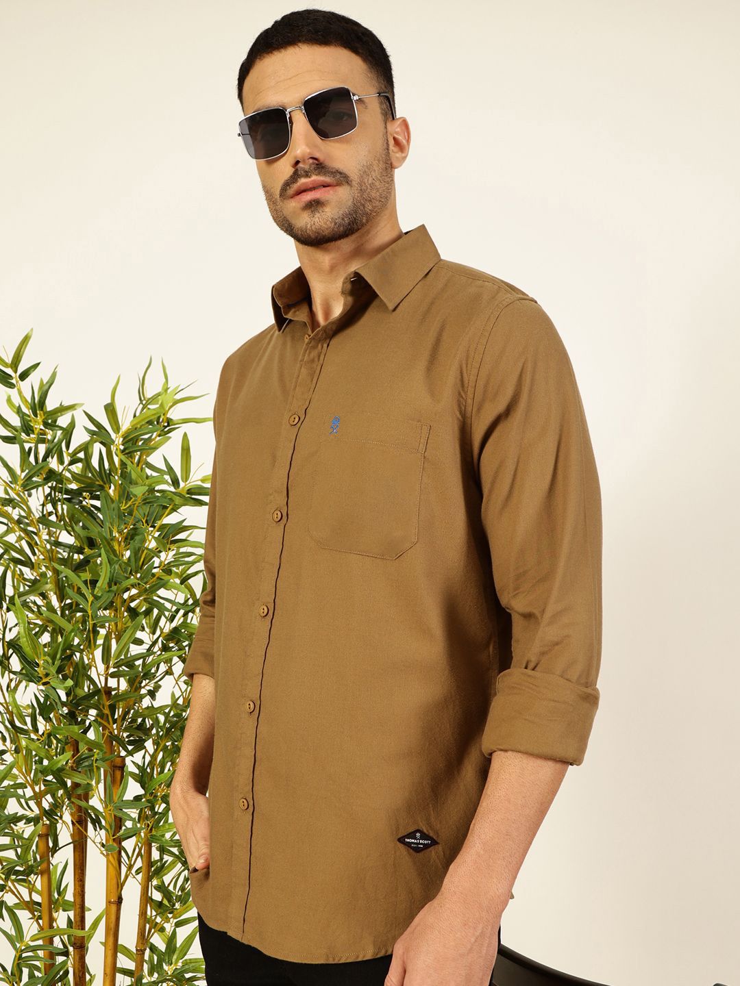 Thomas Scott Men Premium Spread Collar Solid Pure Cotton Slim Fit Casual Shirt