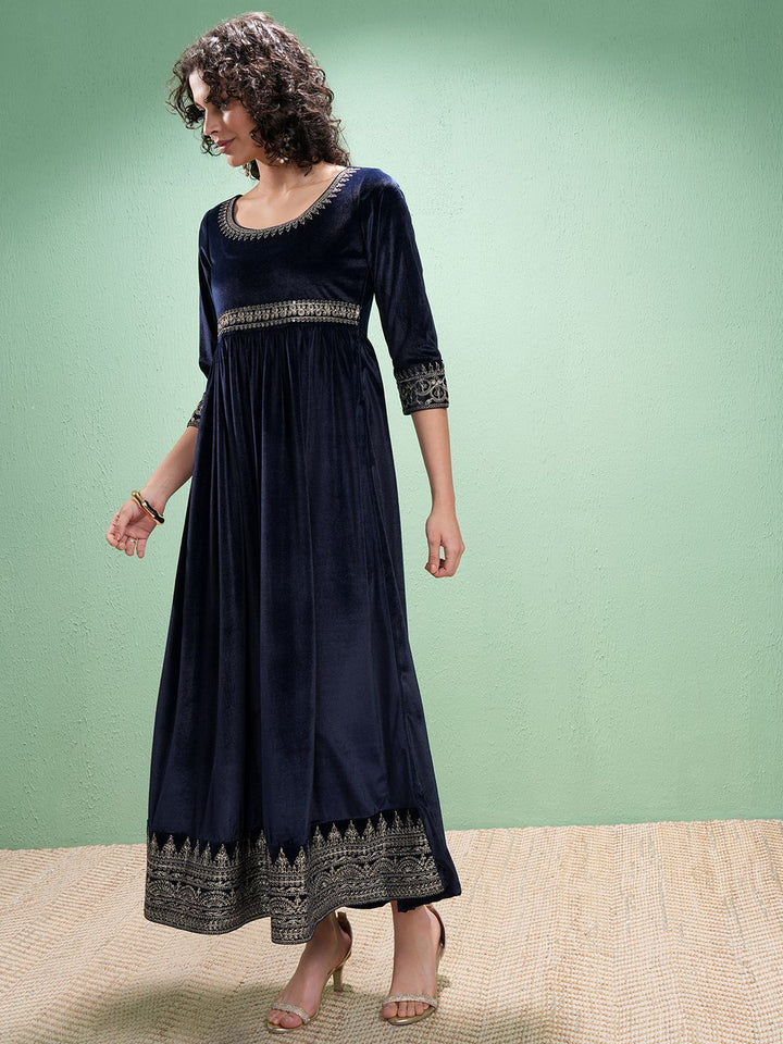 Vishudh Velvet Embroidered Maxi Dress With Dupatta