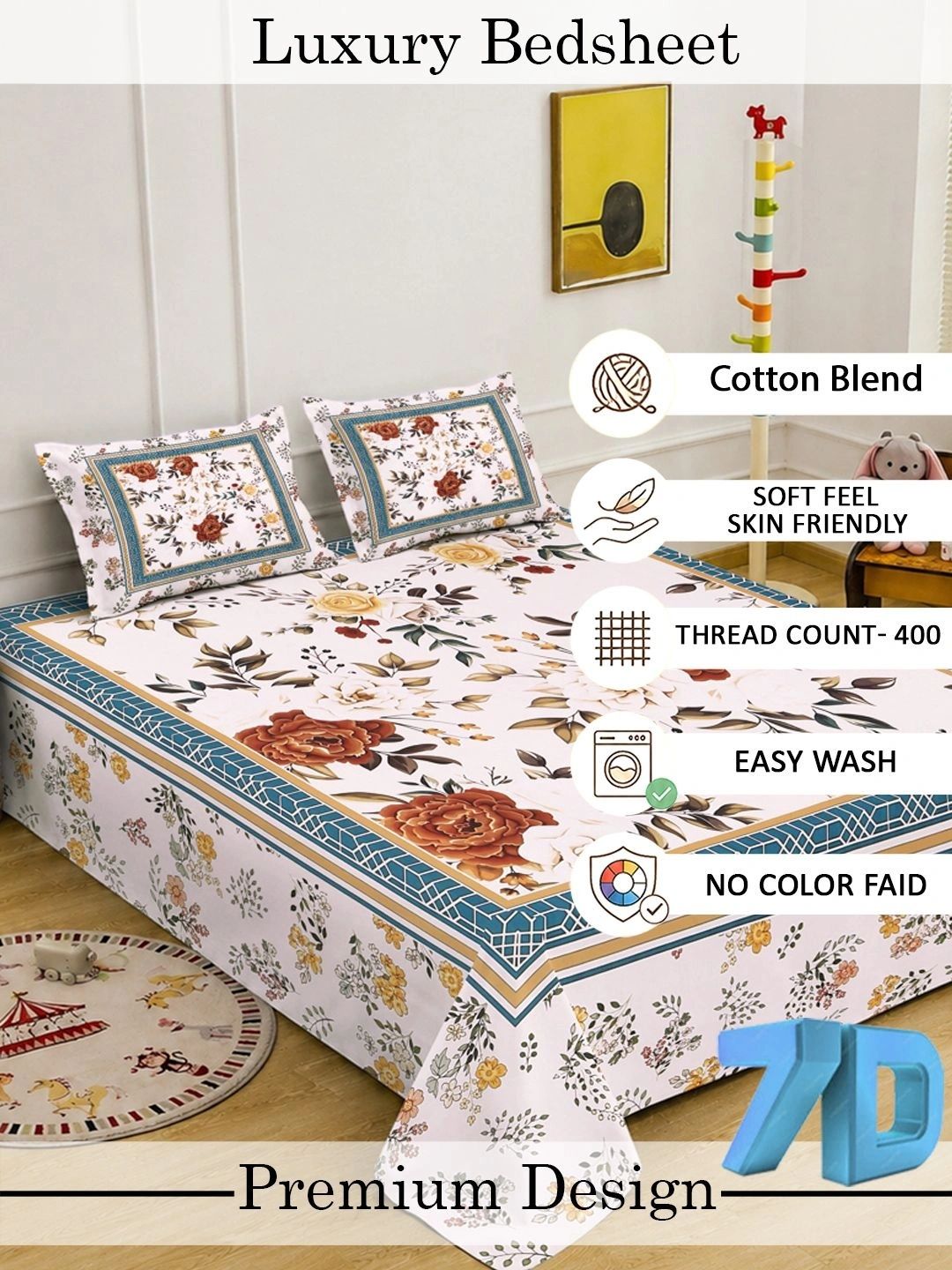 KLOTTHE Multicoloured Floral 400 TC King Bedsheet with 2 Pillow Covers
