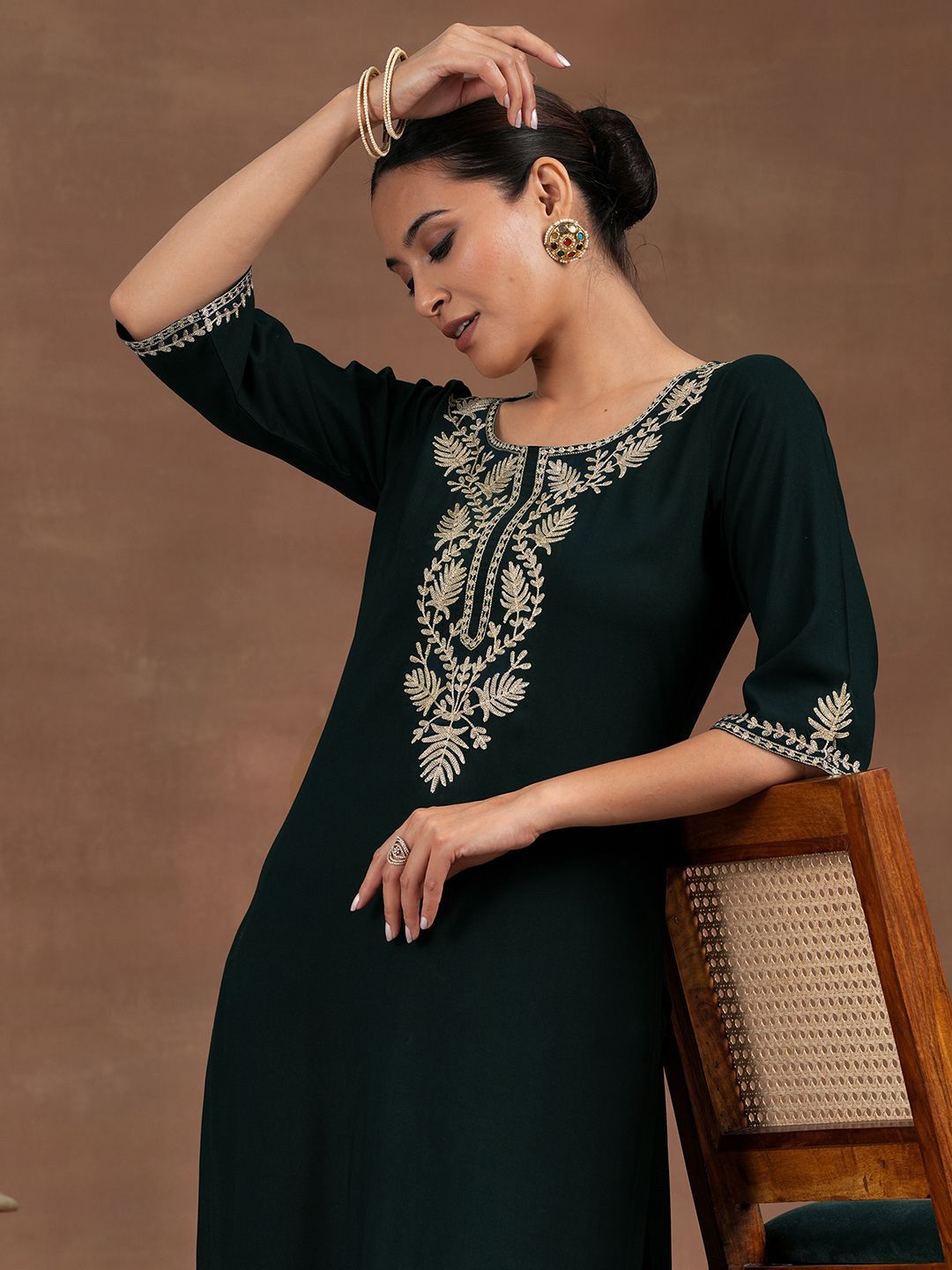 Libas Floral Embroidered Yoke Design Zari Straight Kurta with Trousers