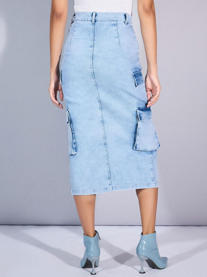 SASSAFRAS Denim High Rise Box Pocket Pencil Midi Skirts