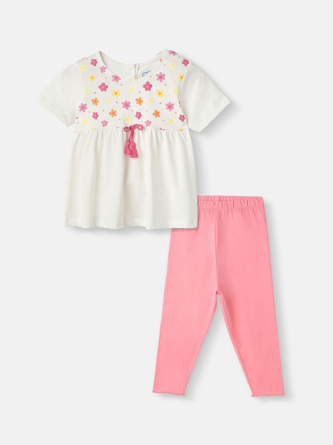 Nauti Nati Girls Floral Embroidered Pure Cotton Gathered Waistline Top & Trousers