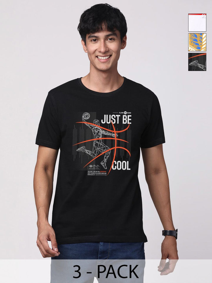 Pek ADRO Lelaki dengan 3 T-shirt Kapas Leher Bulat Bercetak Grafik