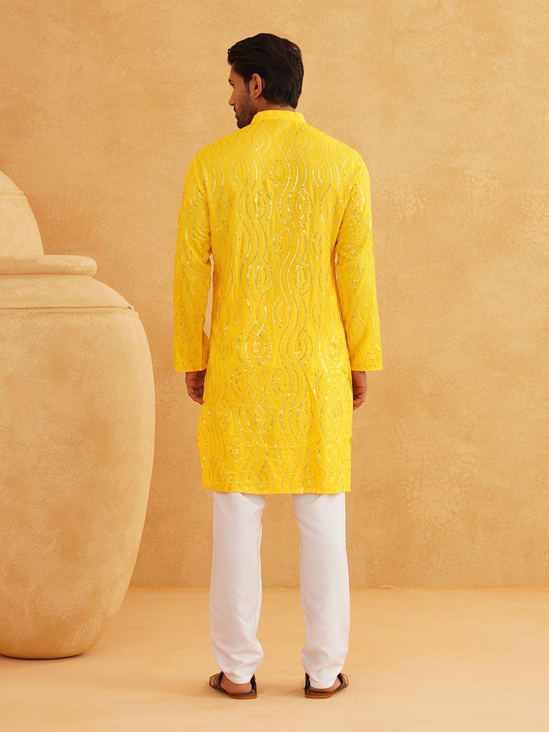 SOJANYA Leheriya Sequinned Band Collar Pure Cotton Straight Kurta With Churidar