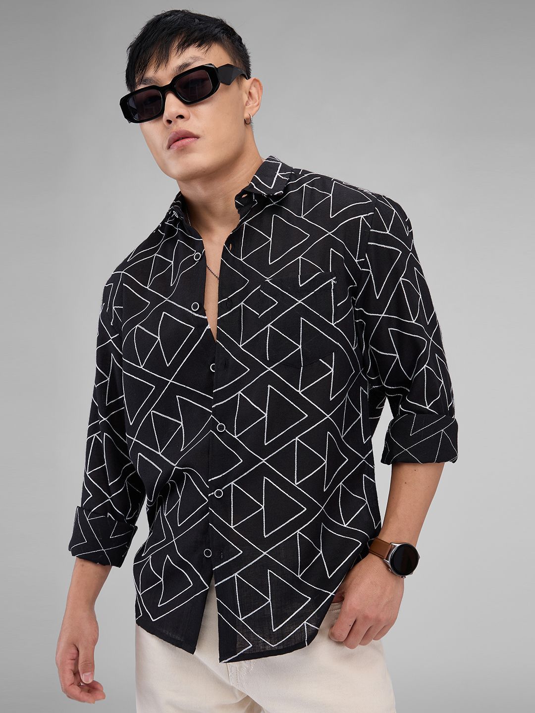 VASTRADO Men Classic Spread Collar Geometric Printed Cotton Slim Fit Casual Shirt