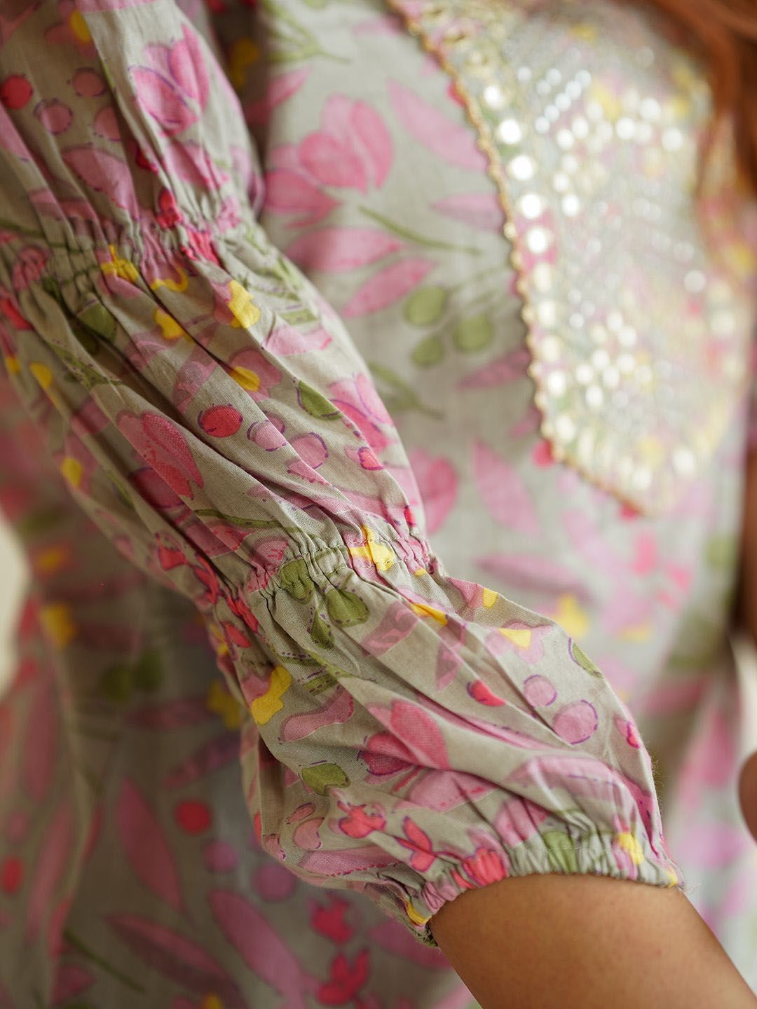 KALINI Floral Printed Thread Work Pure Cotton Straight Kurta With Trousers & Dupatta