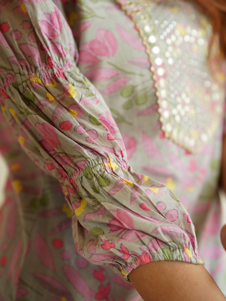 KALINI Floral Printed Thread Work Pure Cotton Straight Kurta With Trousers & Dupatta