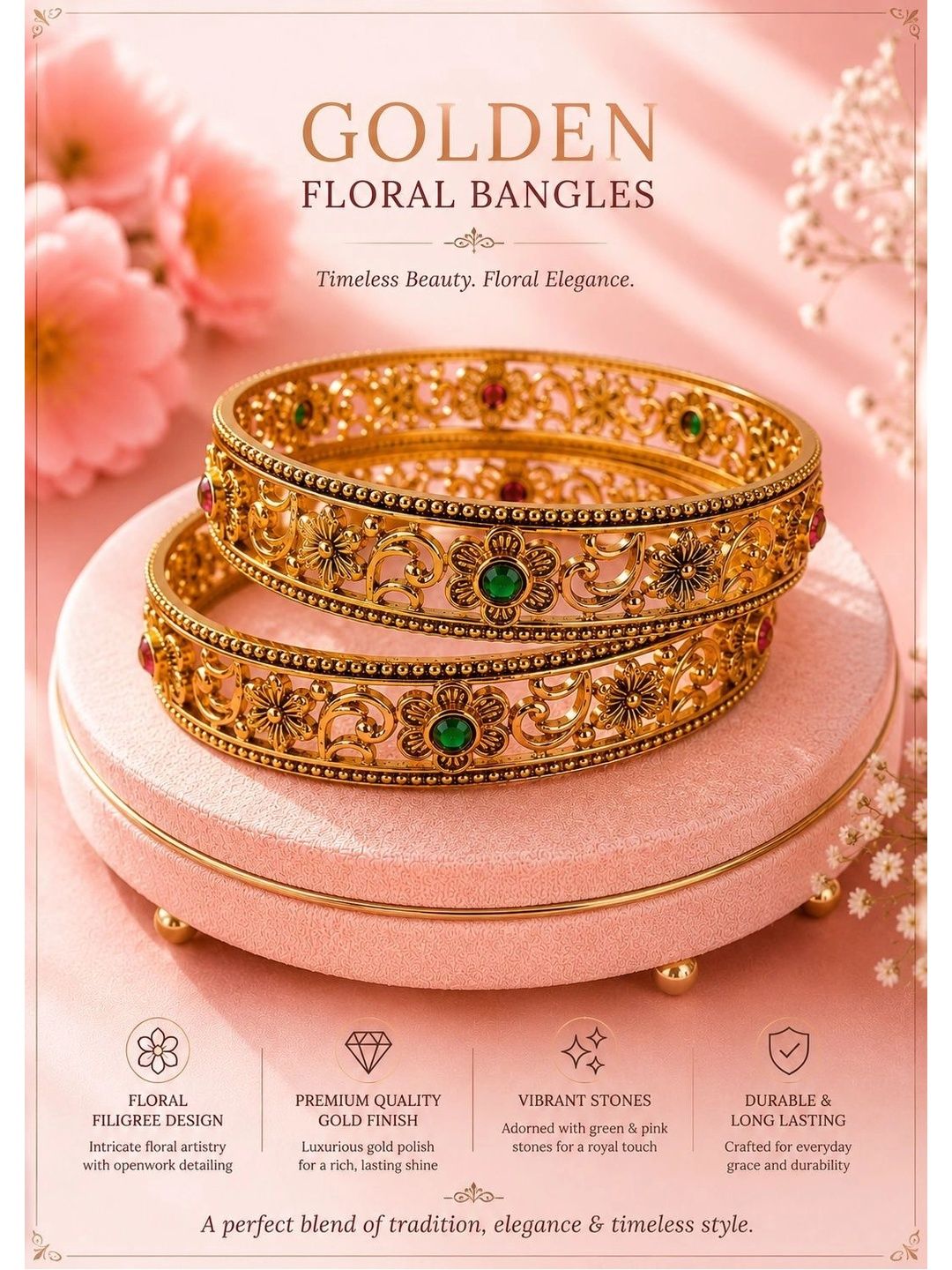 PANASH Set Of 2 Gold-Plated Artificial Stones Studded Bangles