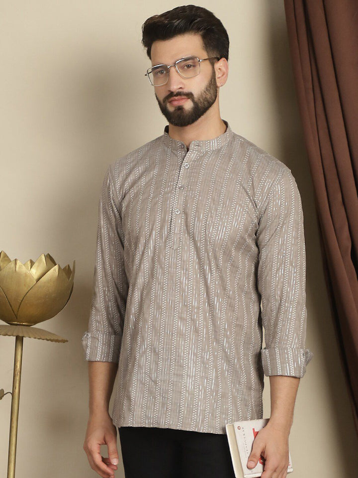 Anouk Brown Striped Woven Design Band Collar Long Sleeves Cotton Short Kurta