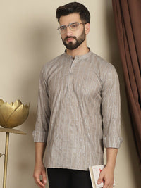 Anouk Brown Striped Woven Design Band Collar Long Sleeves Cotton Short Kurta
