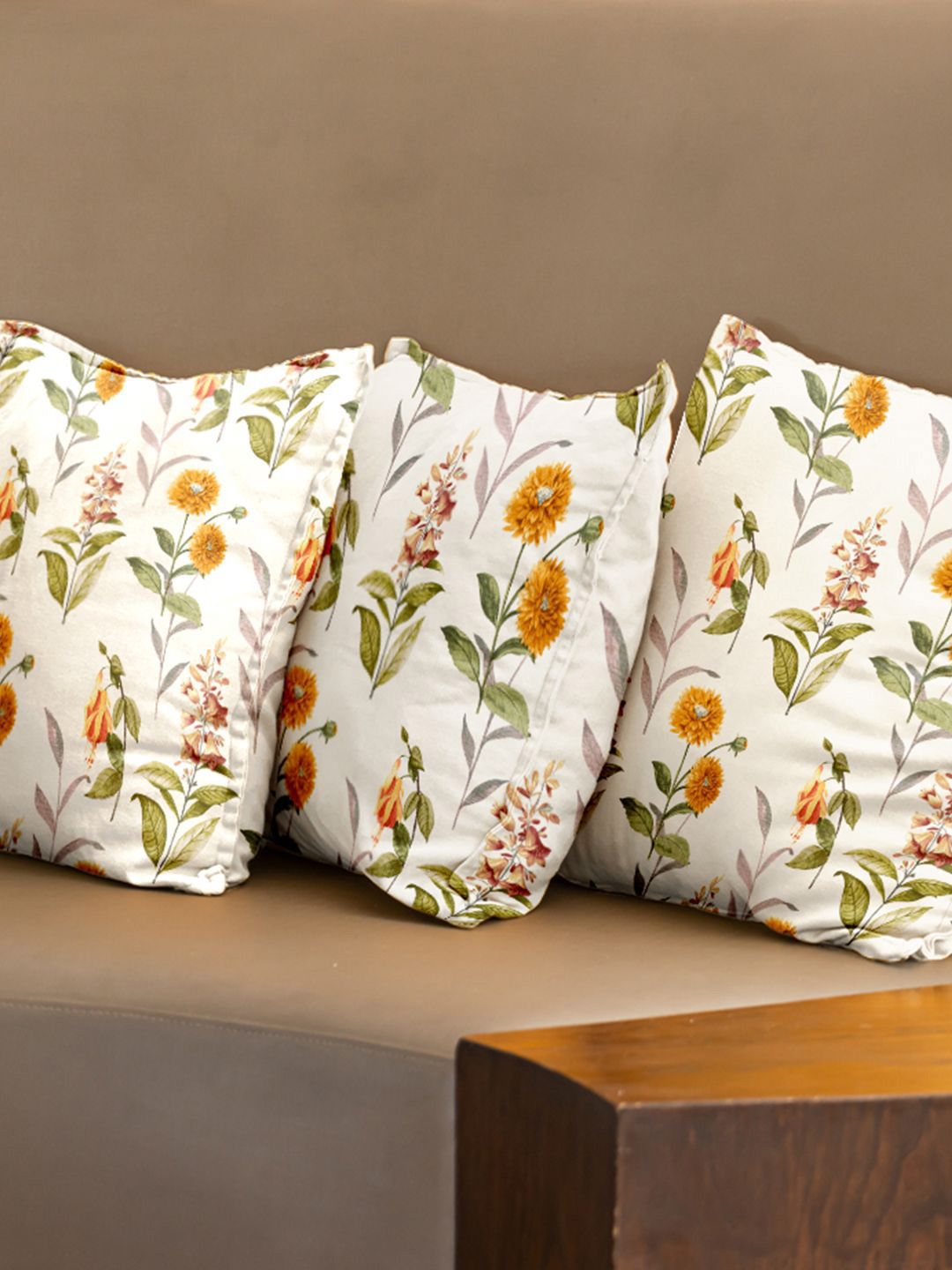 URBAN SPACE White & Yellow 3 Pieces Floral Printed Cotton Square Cushion Covers