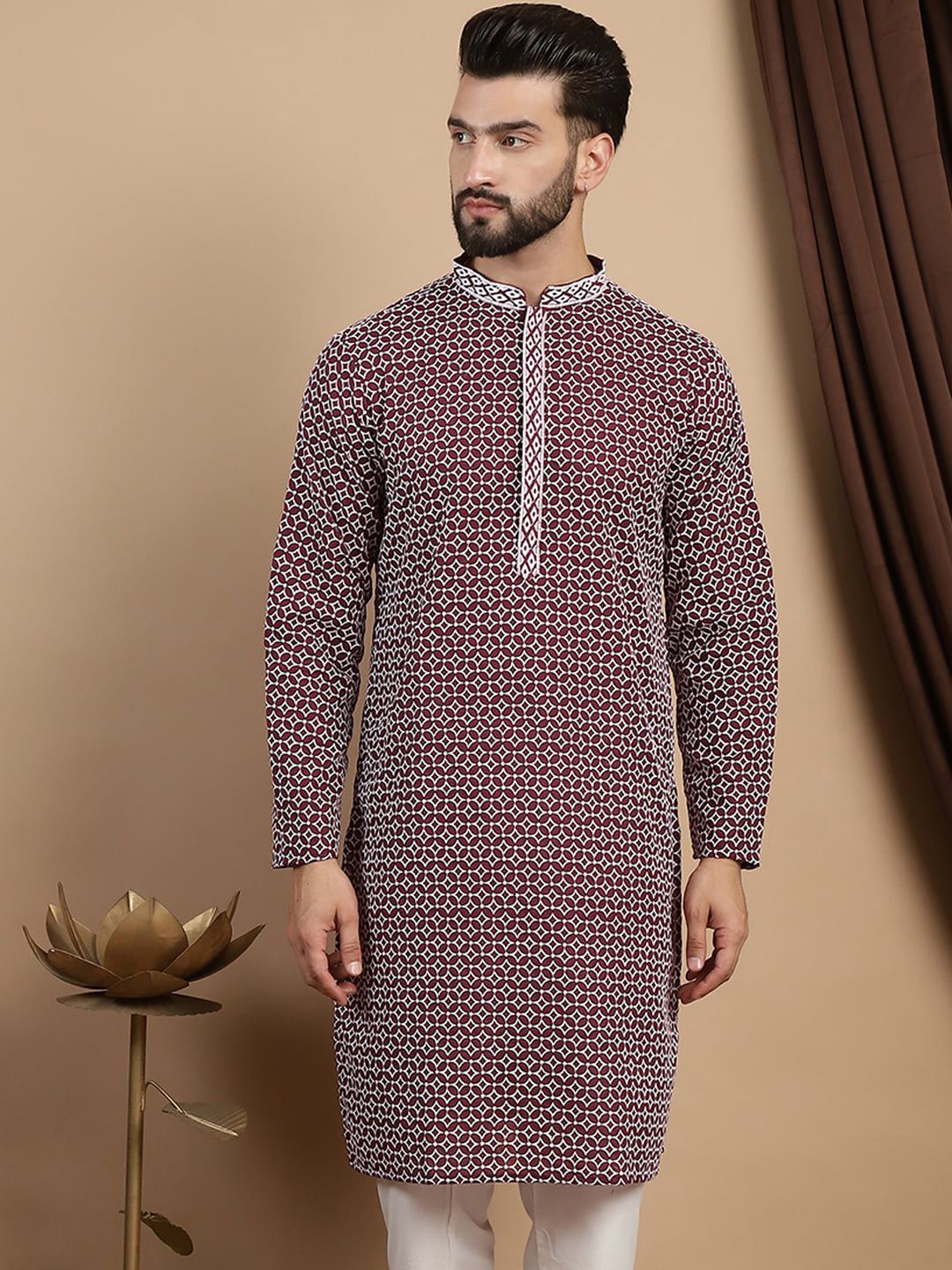 Kurta Lurus Kapas Kolar Mandarin Bercetak Anouk
