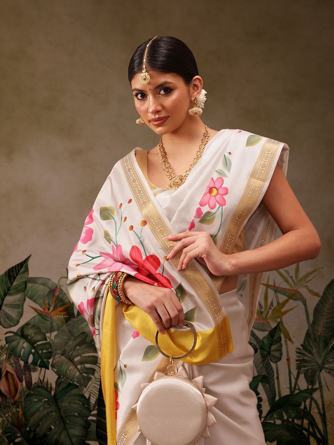 Silk Land Onam Special Floral Printed Kasavu Silk Saree