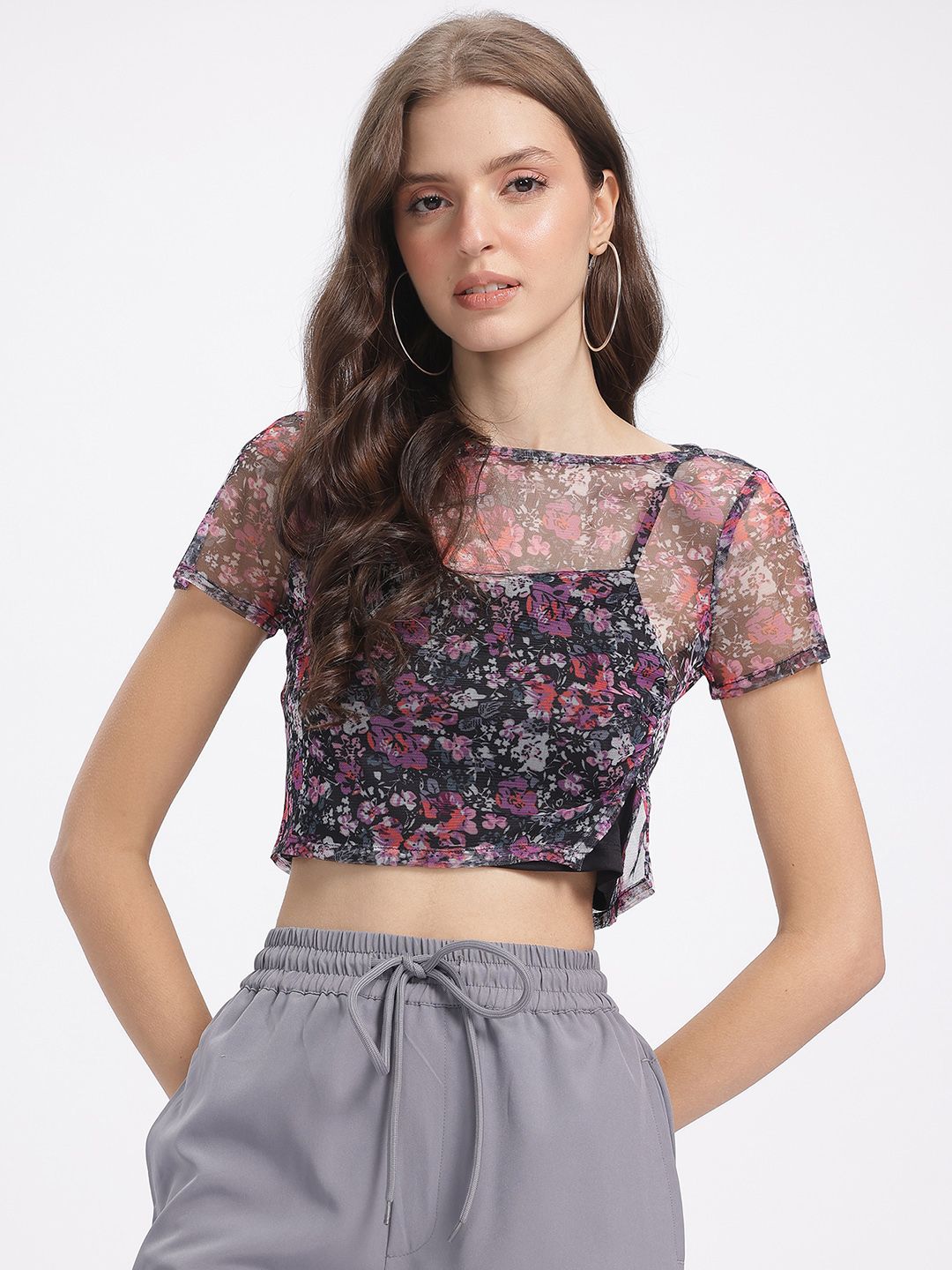 DressBerry Print Semi-Sheer Crop Top with Lining