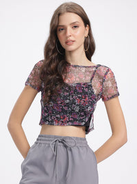 DressBerry Print Semi-Sheer Crop Top with Lining
