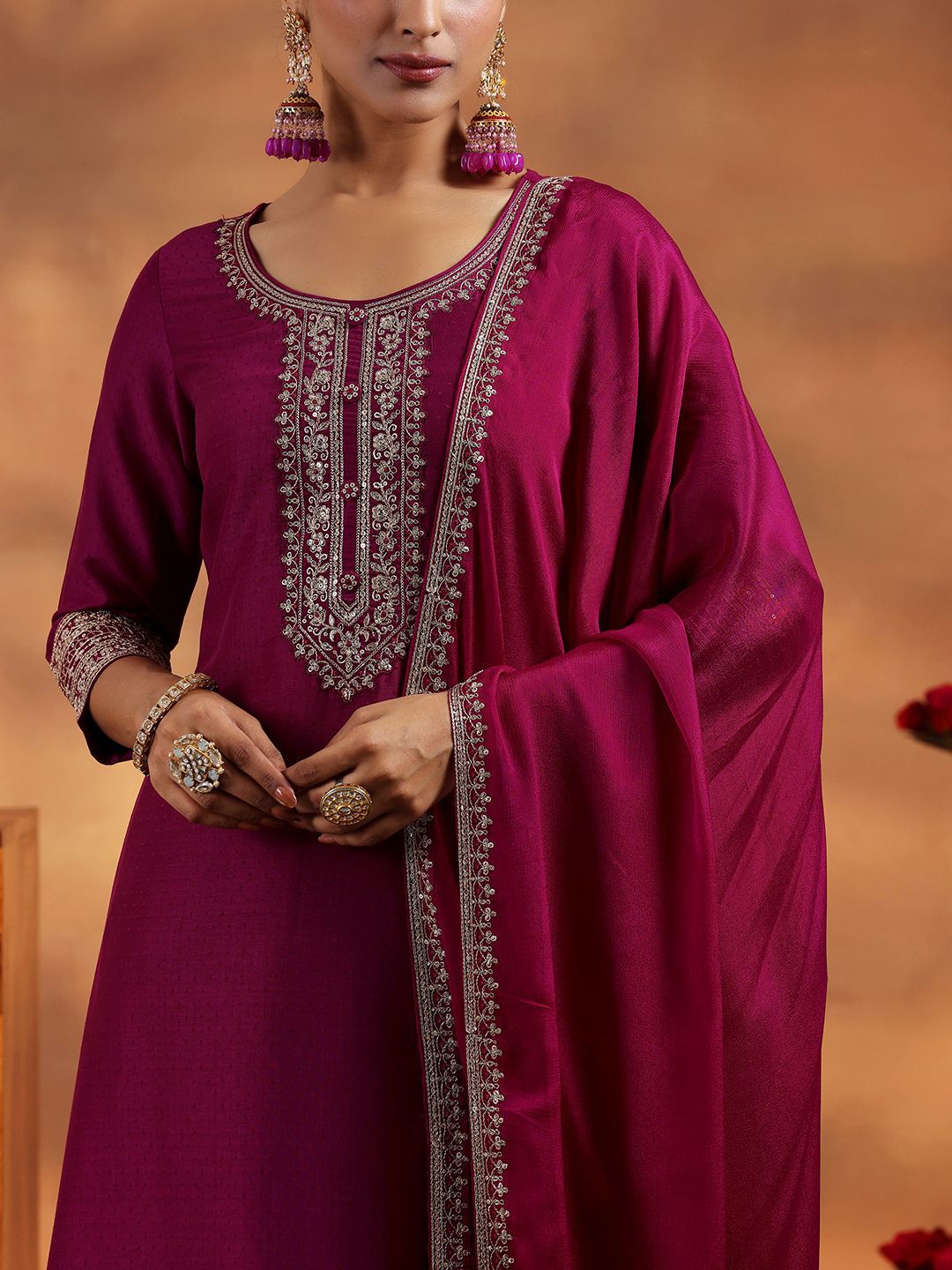 Libas Floral Yoke Design Zari Regular A Line Kurta with Trousers & Dupatta