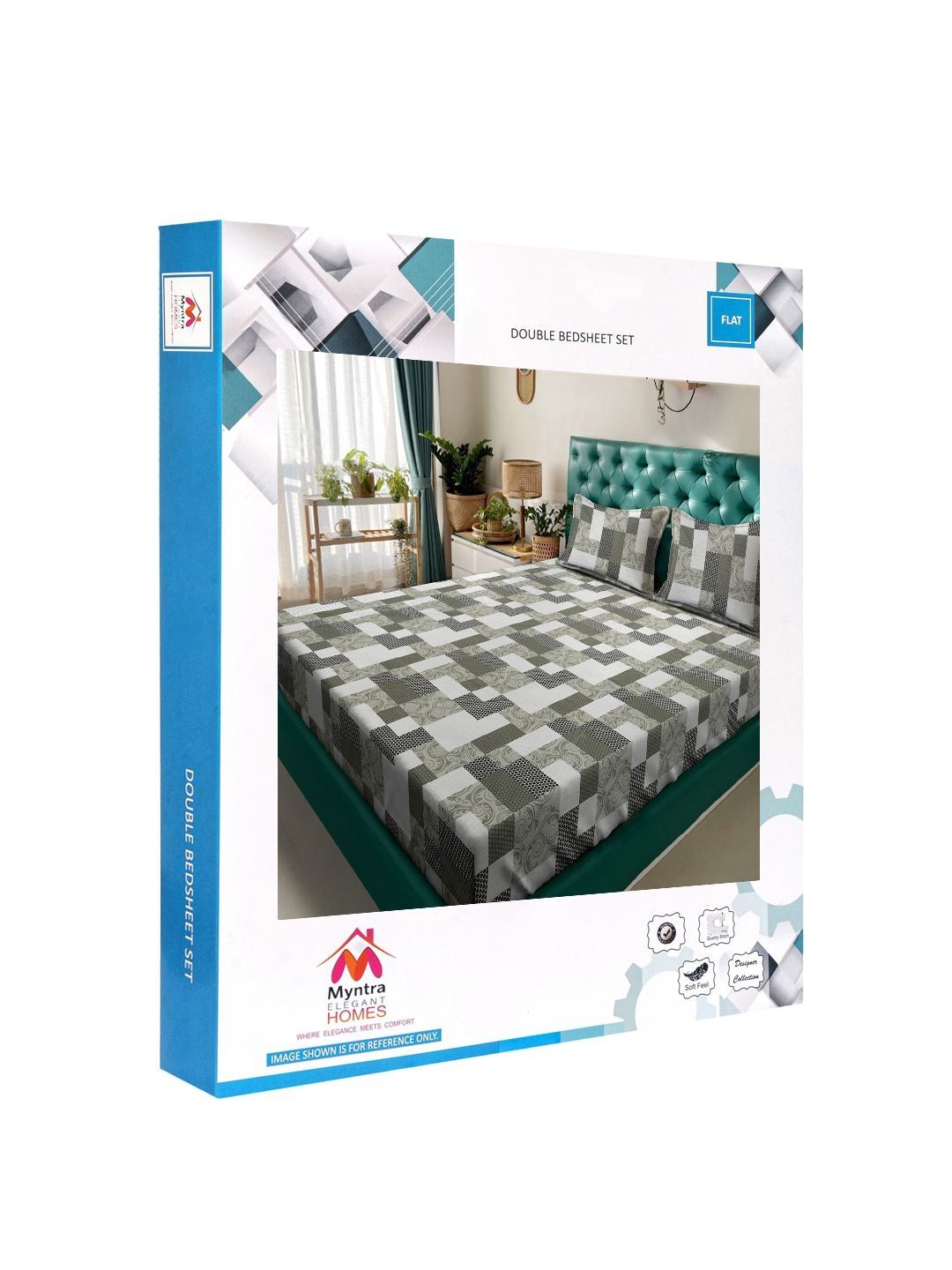 Myntra Elegant Homes Green Geometric Cotton 400TC King Double Bedsheet with 2 Pillow Cover
