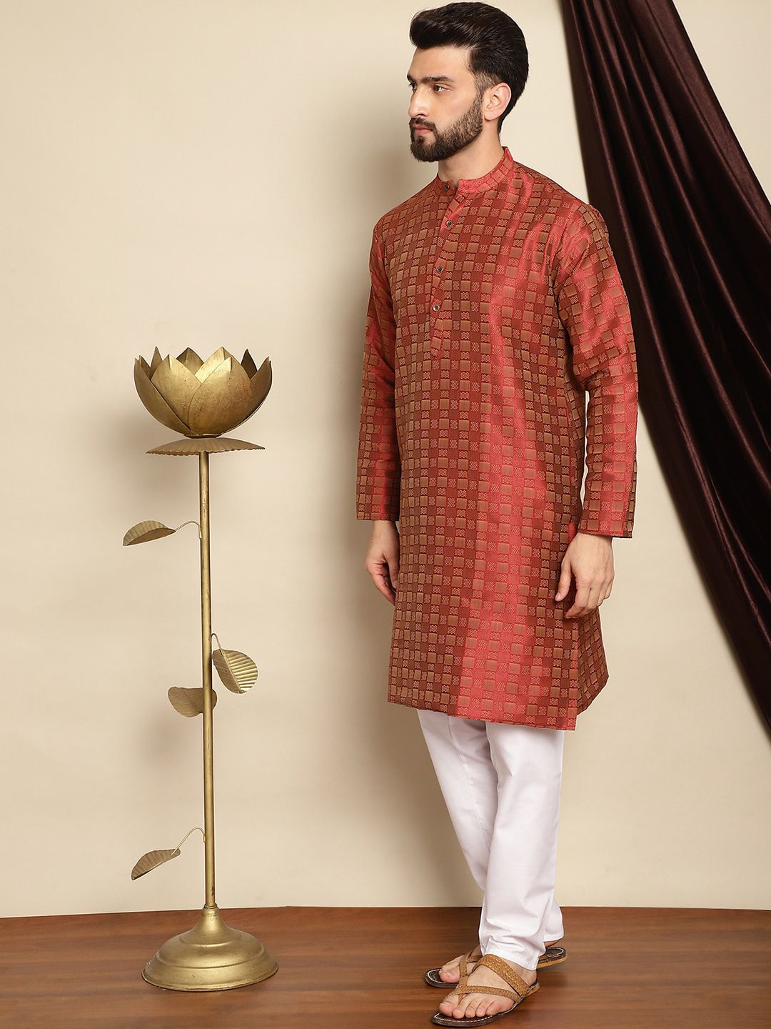 Anouk Maroon Mandarin Collar Geometric Woven Design Jacquard Silk Kurta with Pyjamas
