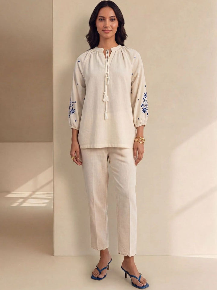 House of Chikankari Floral Embroidered Tie-Up Neck Cotton Top