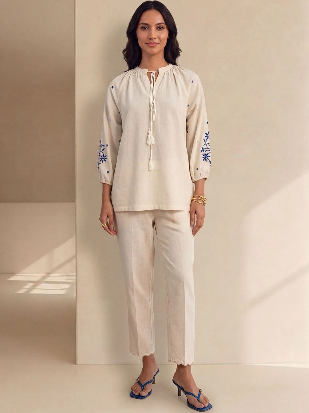 House of Chikankari Floral Embroidered Tie-Up Neck Cotton Top