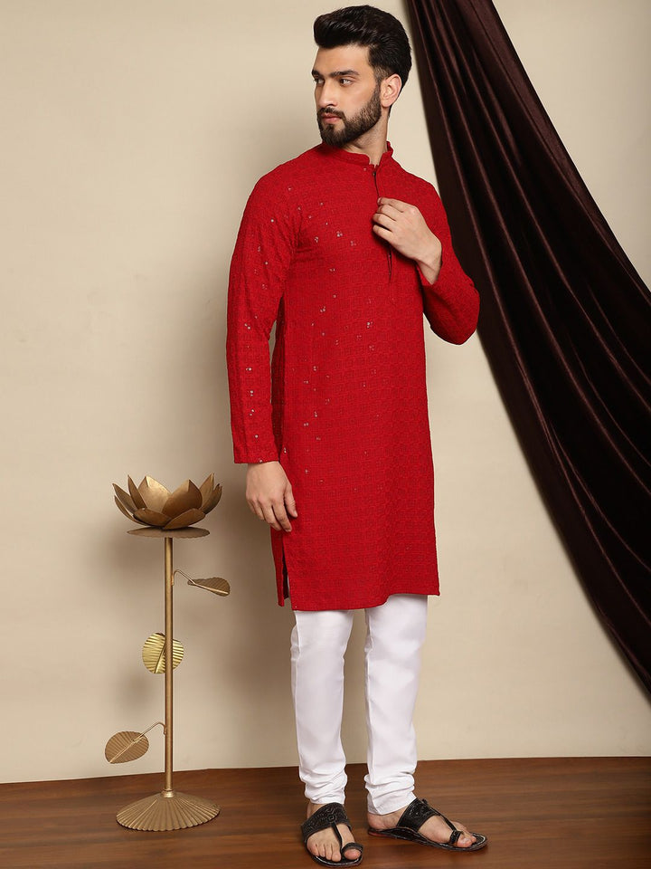 Anouk Maroon Kolar Mandarin Berpayet Kurta Lurus Kapas Tulen dengan Piyama
