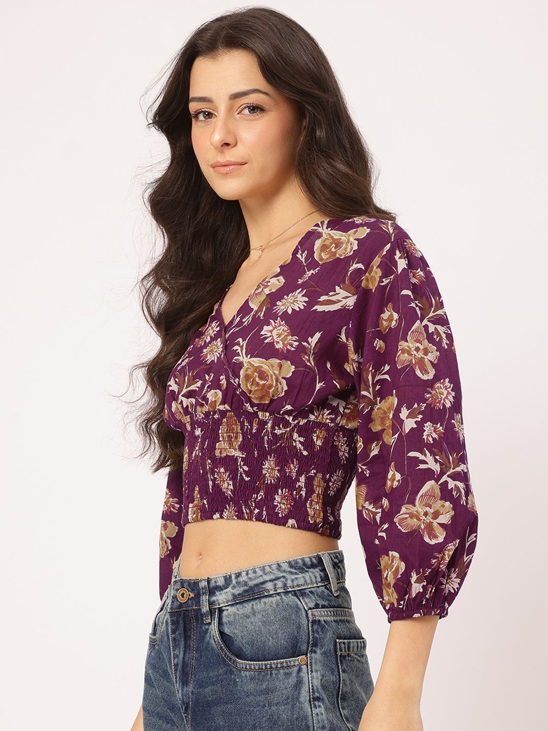 DressBerry Delicate Florals Wrap-Style Blouson Crop Top