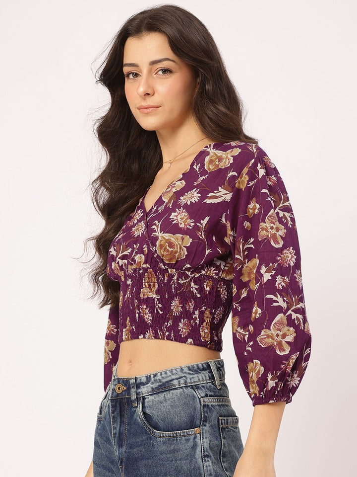 DressBerry Delicate Florals Wrap-Style Blouson Crop Top