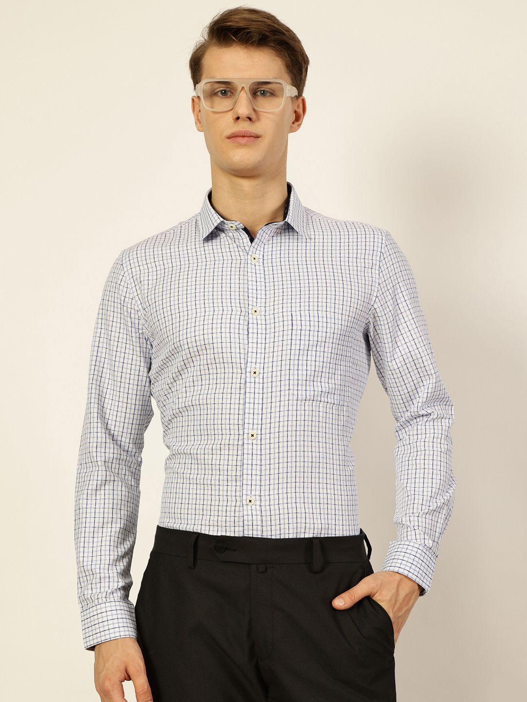 Thomas Scott Men Smart Cutaway Collar Checked Cotton Formal Shirt