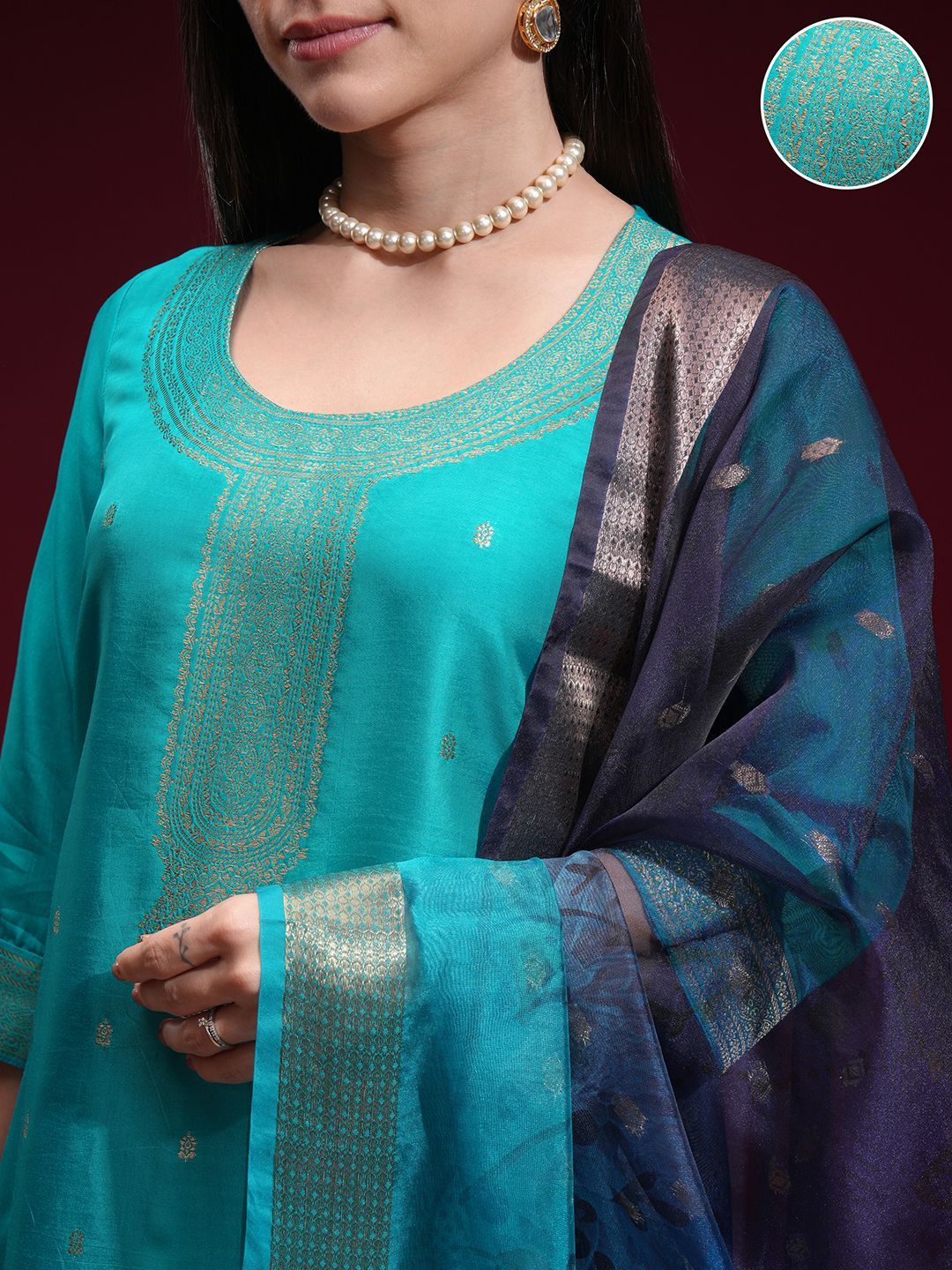 Vishudh Women Turquoise Ethnic Motifs Regular Kurta with Trousers Dupatta