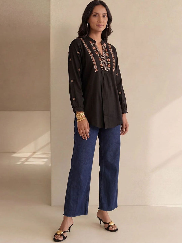 House of Chikankari Floral Bordir Ethnic Cotton Top