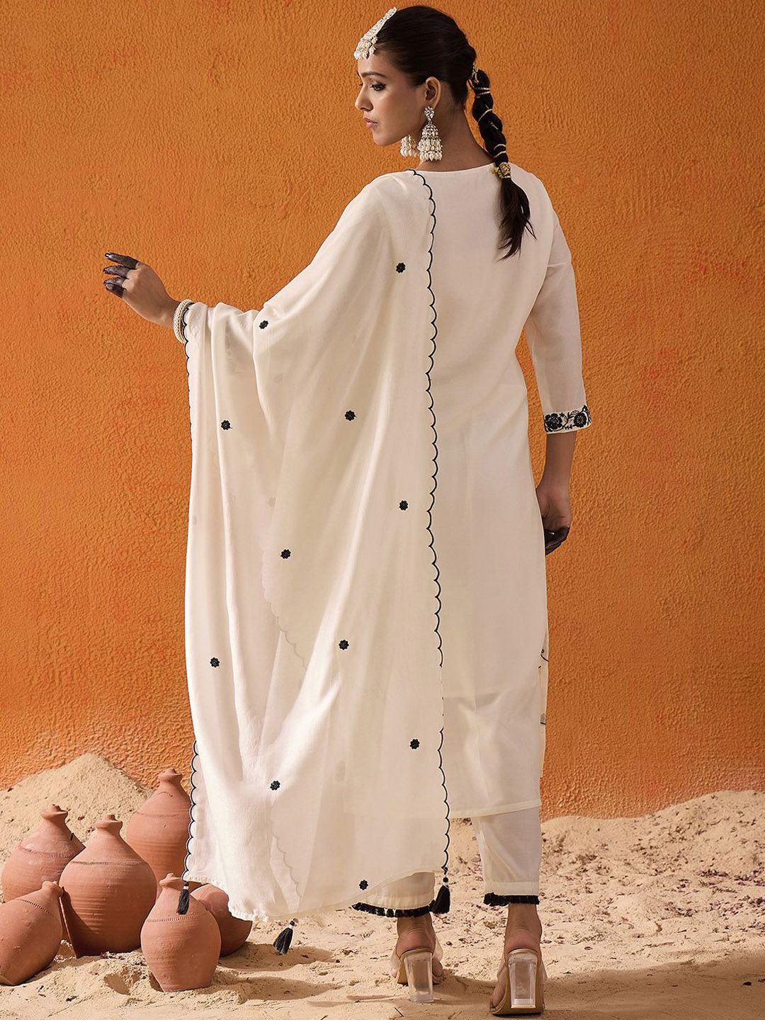 Indo Era Floral Embroidered Thread Work Straight Kurta With Trousers & Dupatta