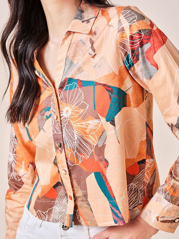 AND Abstract Printed Cuffed Sleeves Cotton Shirt Style Top
