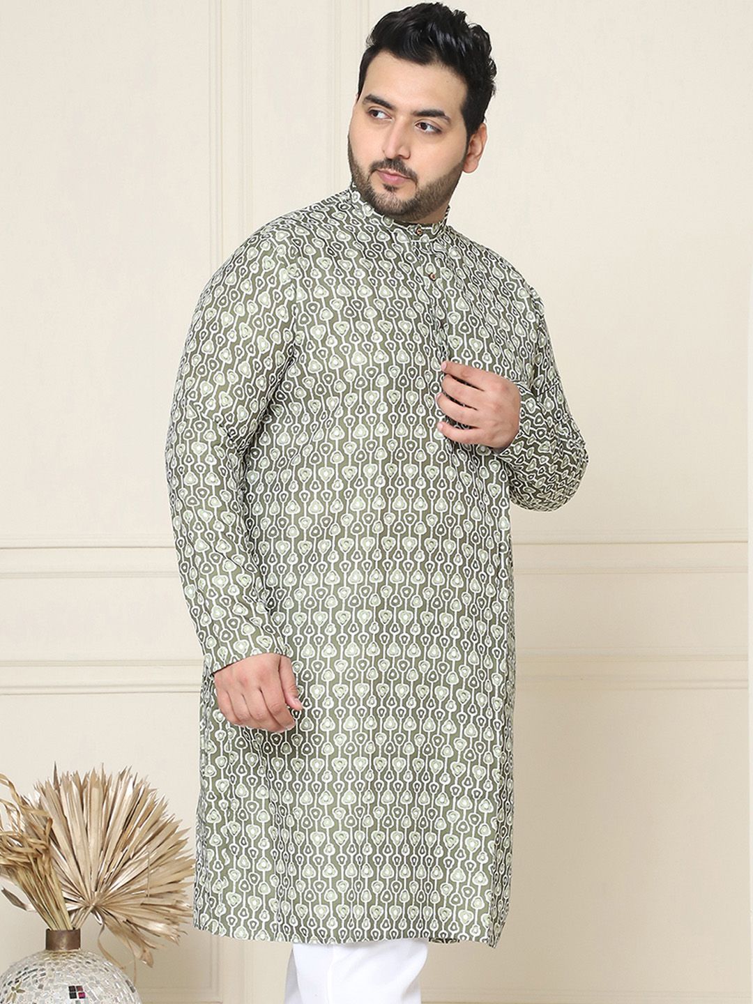 SOJANYA Plus Ethnic Motifs Printed Mandarin Collar Long Sleeves Pure Cotton Straight Kurta