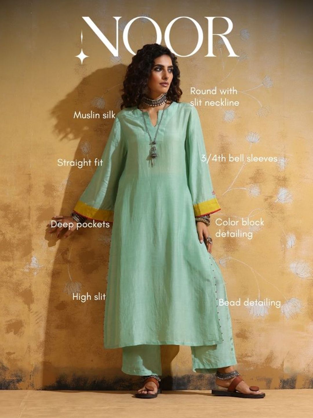trueBrowns Women Mint Green Muslin Silk High-Slit Kurta Pant Set