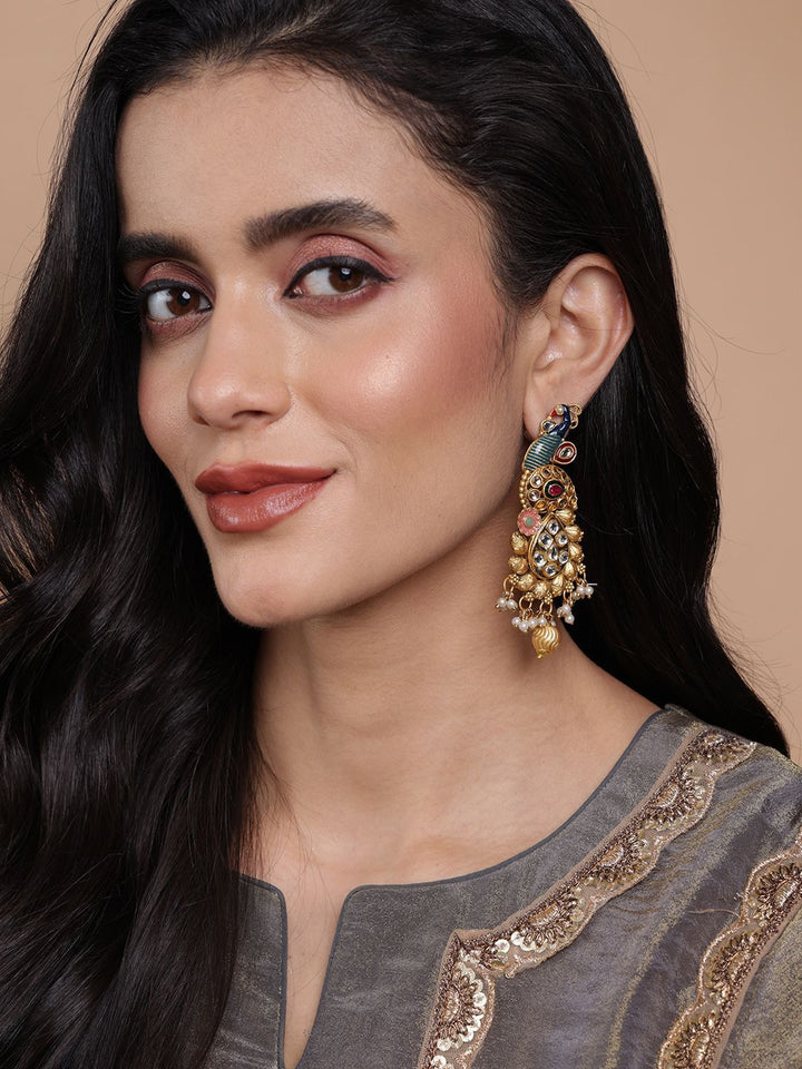 PANASH Gold-Plated Peacock Shaped Stone Studded & Beaded Drop Earrings