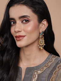 PANASH Gold-Plated Peacock Shaped Stone Studded & Beaded Drop Earrings