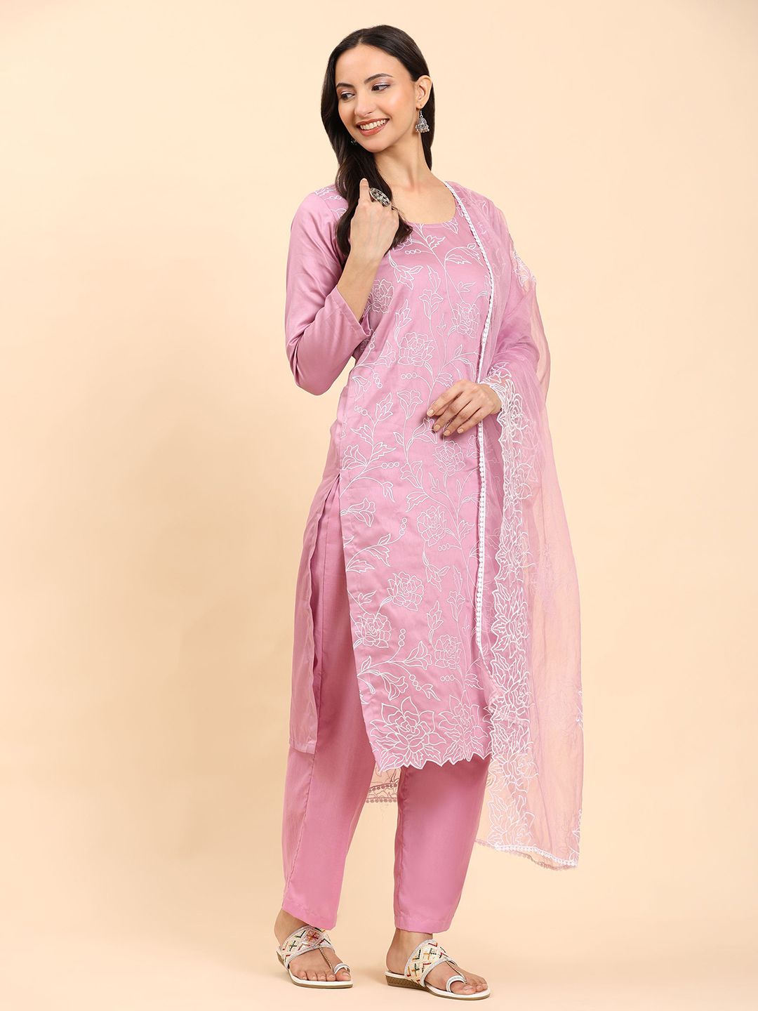 Mamicha Women Floral Embroidered Regular Pure Cotton Kurta with Palazzos & With Dupatta