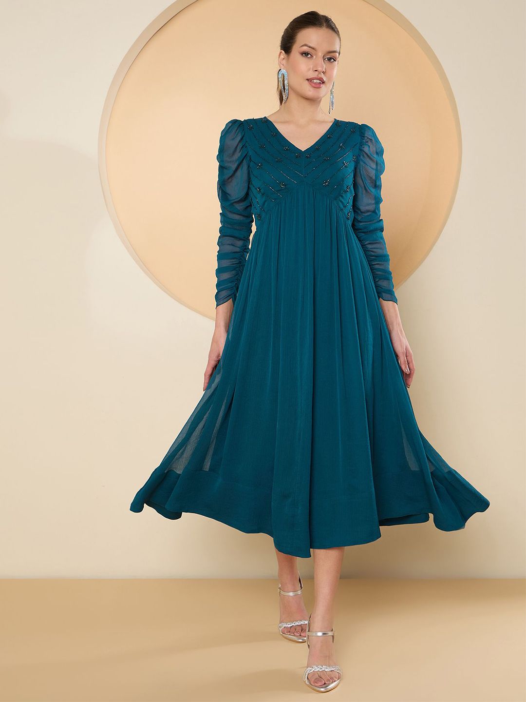 Antheaa Puff Sleeve Chiffon Embellished A-Line Midi Dress