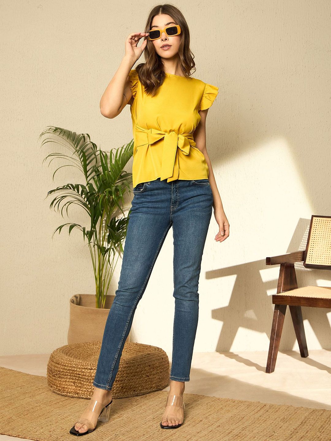Berrylush Women Round Neck Regular Top With Waist Tie-Ups Detail